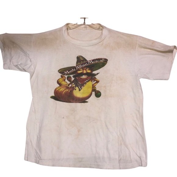 Tequila Monte Alban Mezcal Worm (Eat Me) n back distressed discolored Sm 90’s - Picture 1 of 7